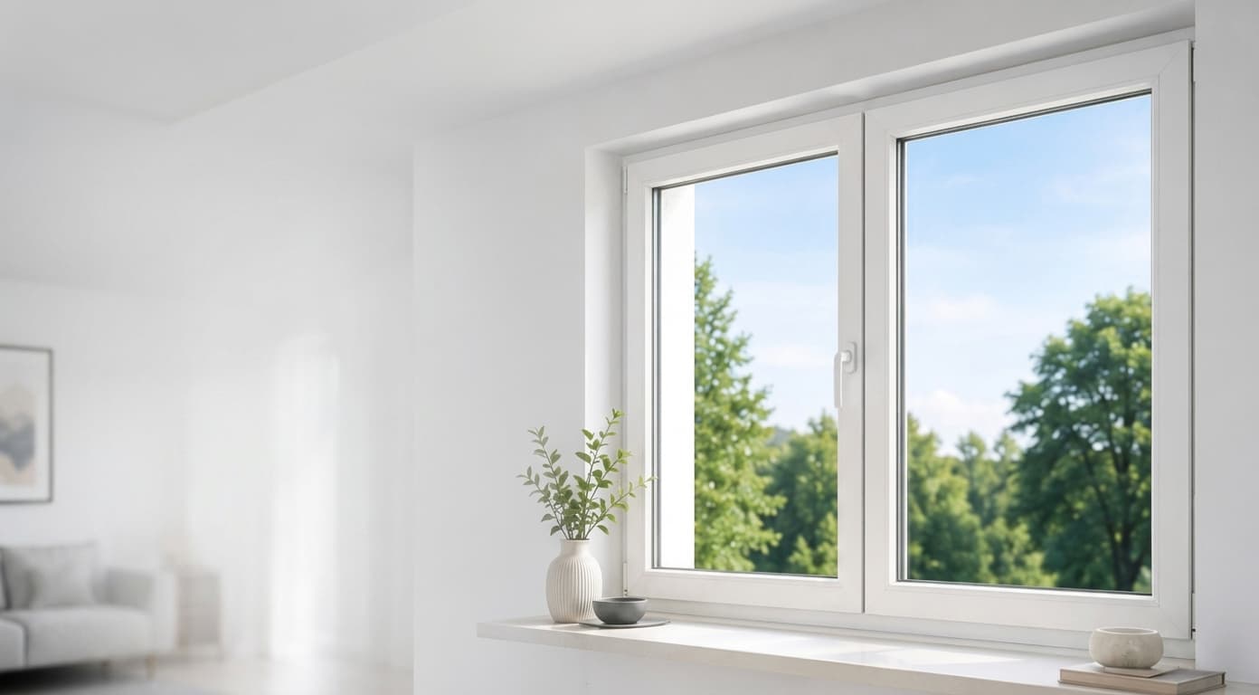 Heller Wohnraum mit weißem Softline-82-Kunststofffenster und Blick ins Grüne