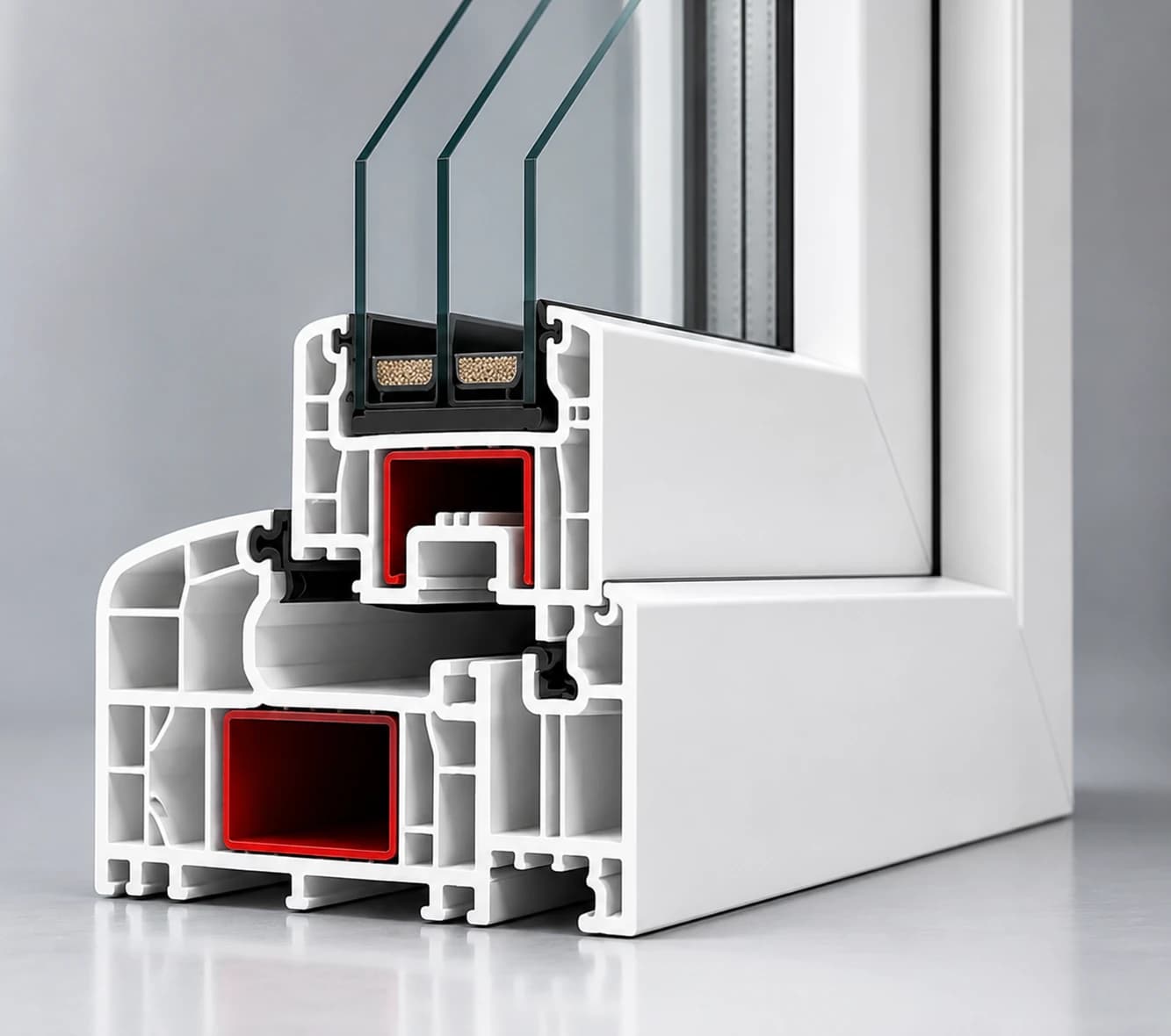 Querschnitt des Softline-82-Fensterprofils mit Mehrkammeraufbau und Dreifachverglasung