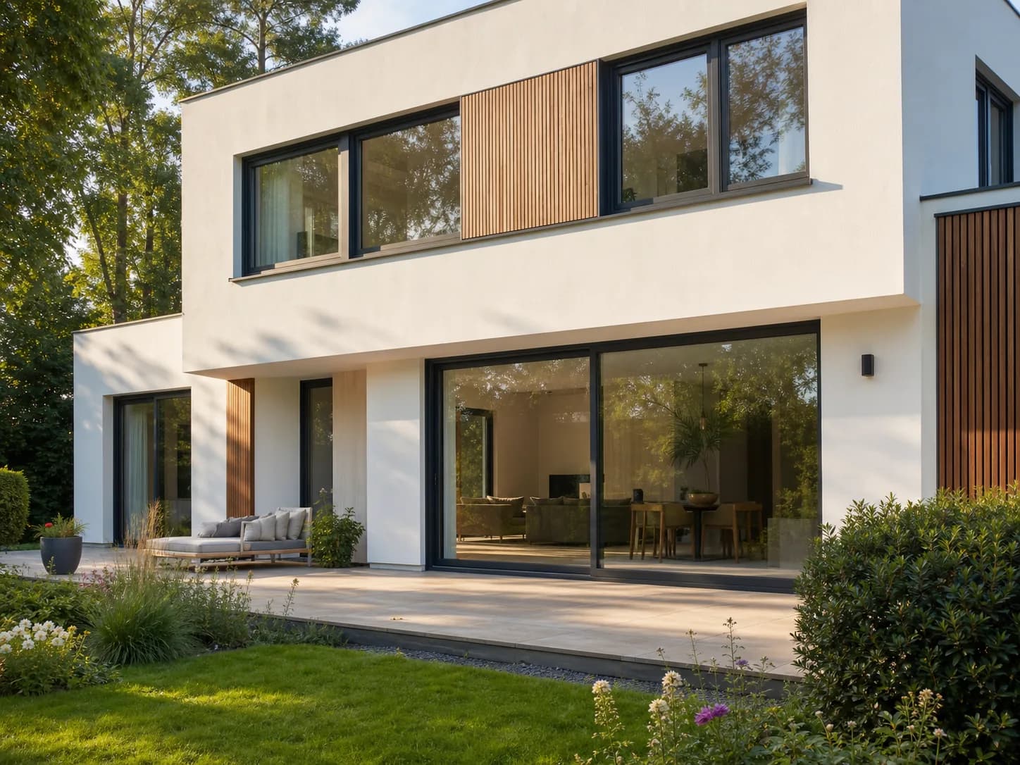 Anthrazitfarbene Fenster und eine großzügige Hebe-Schiebetür verleihen der Terrasse einen modernen Charakter.