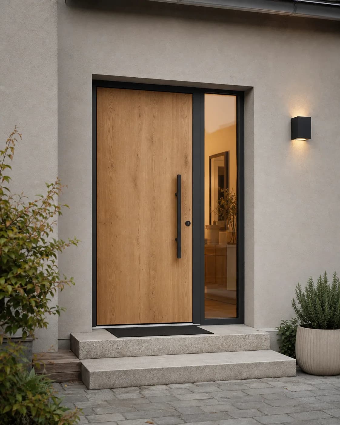 Eine Haustür aus Eiche mit dunklem Rahmen und Seitenteil verbindet modernes Design mit einem hochwertigen Eingangsbereich.